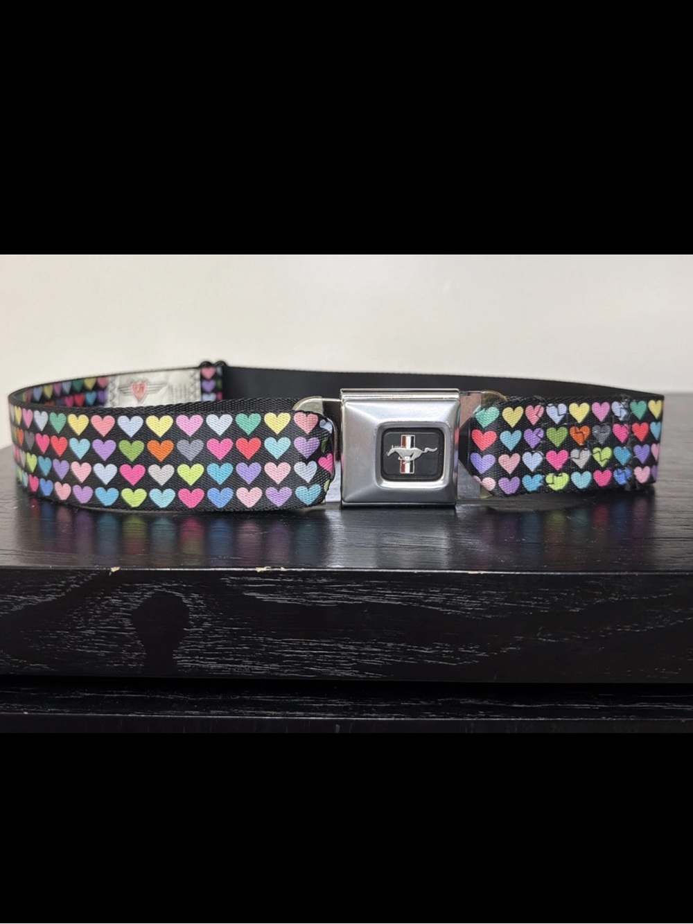 Buckle Down Ford Mustang Seatbelt Buckle Belt Rsinbow Hearts Y2k 90s VTG